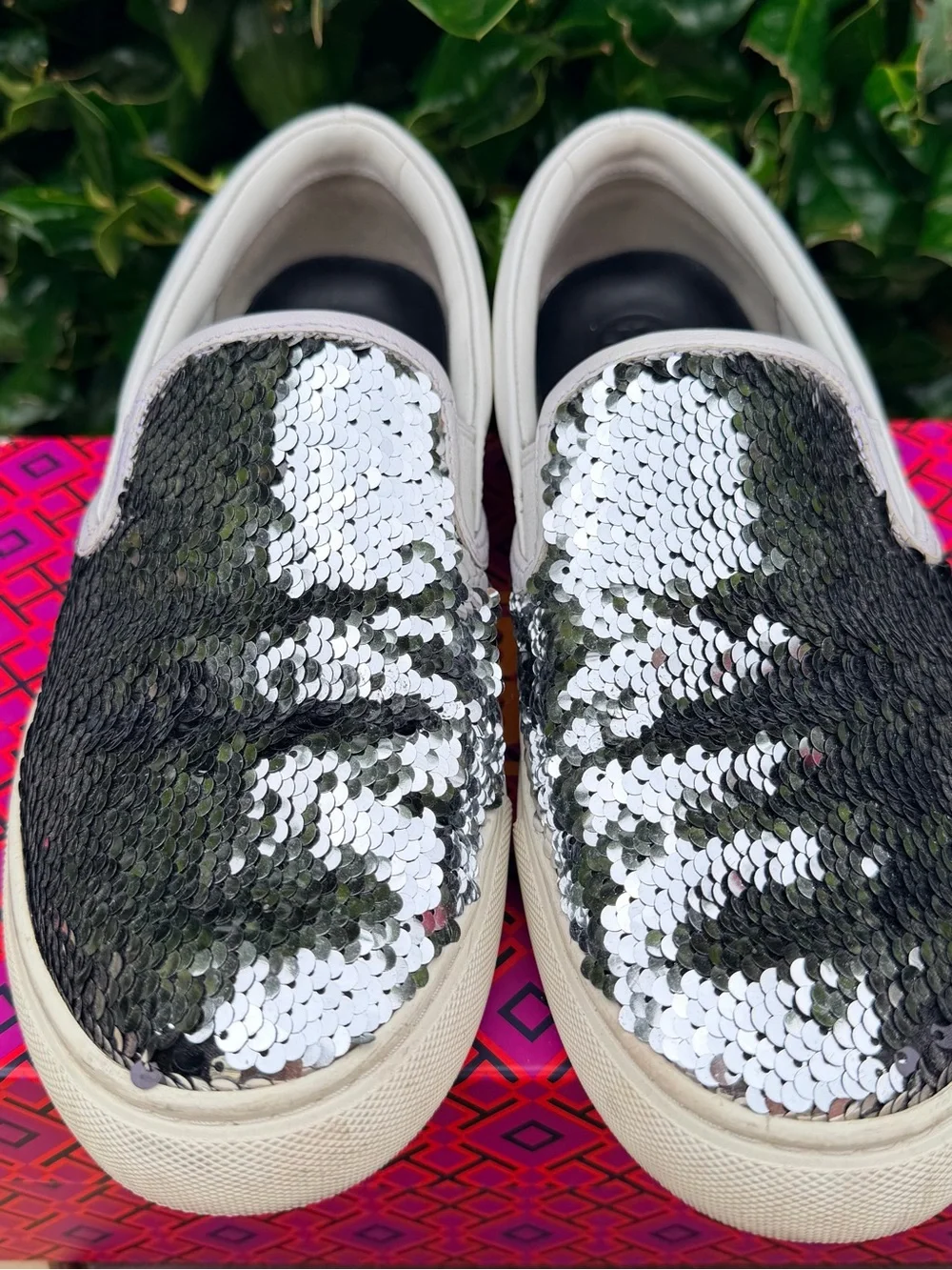 Tory Burch Sequin Slip-On Sneakers in Silver and Black